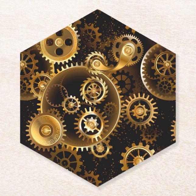 Seamless Steampunk Brass Gears Paper Coaster (Front)