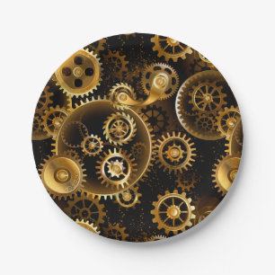 Seamless Steampunk Brass Gears Paper Plate