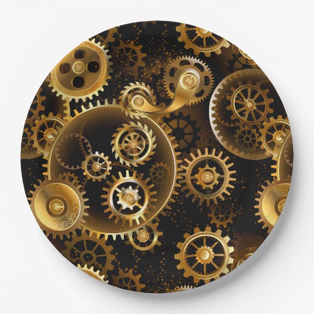 Seamless Steampunk Brass Gears Paper Plate (Front)
