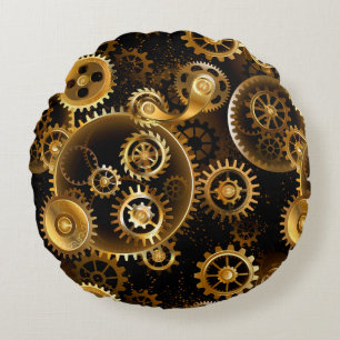 Seamless Steampunk Brass Gears Round Cushion