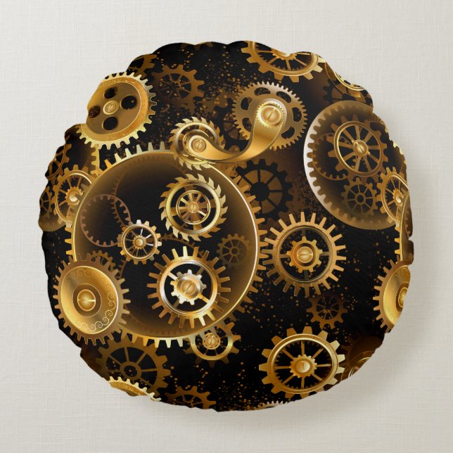 Seamless Steampunk Brass Gears Round Cushion (Front)