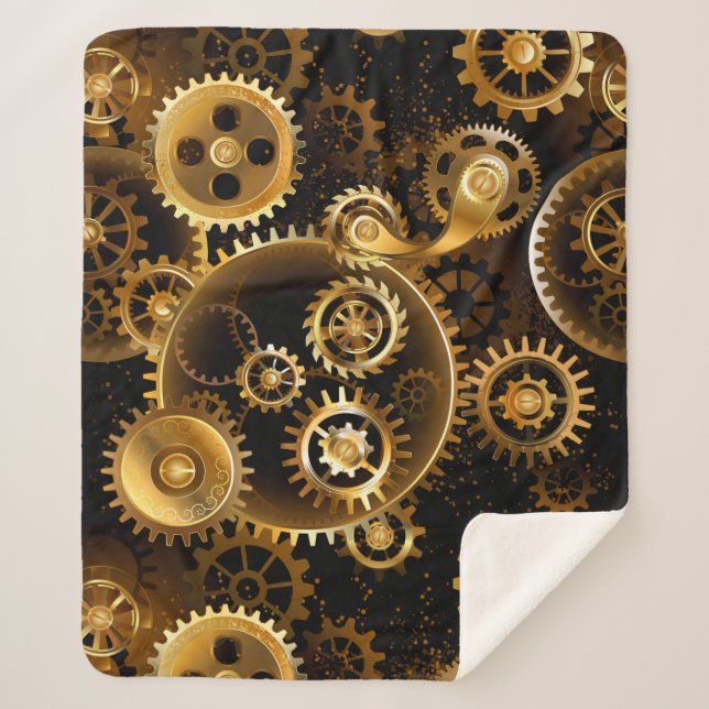 Seamless Steampunk Brass Gears Sherpa Blanket (Front)