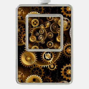 Seamless Steampunk Brass Gears Silver Plated Framed Ornament