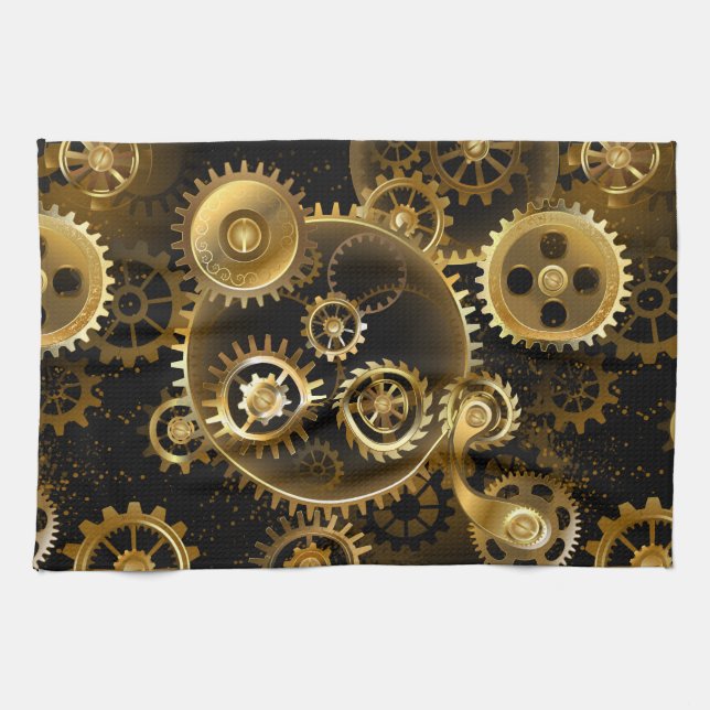 Seamless Steampunk Brass Gears Tea Towel (Horizontal)