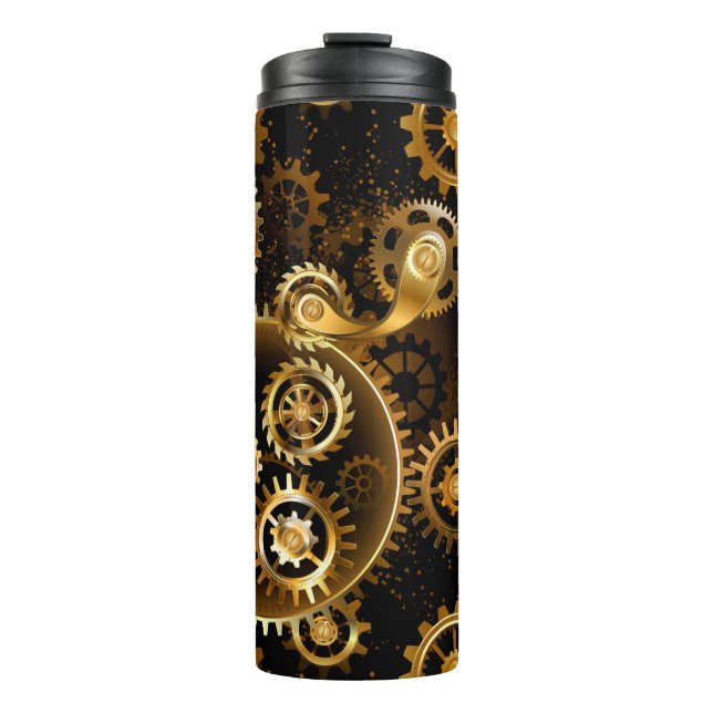 Seamless Steampunk Brass Gears Thermal Tumbler (Front)