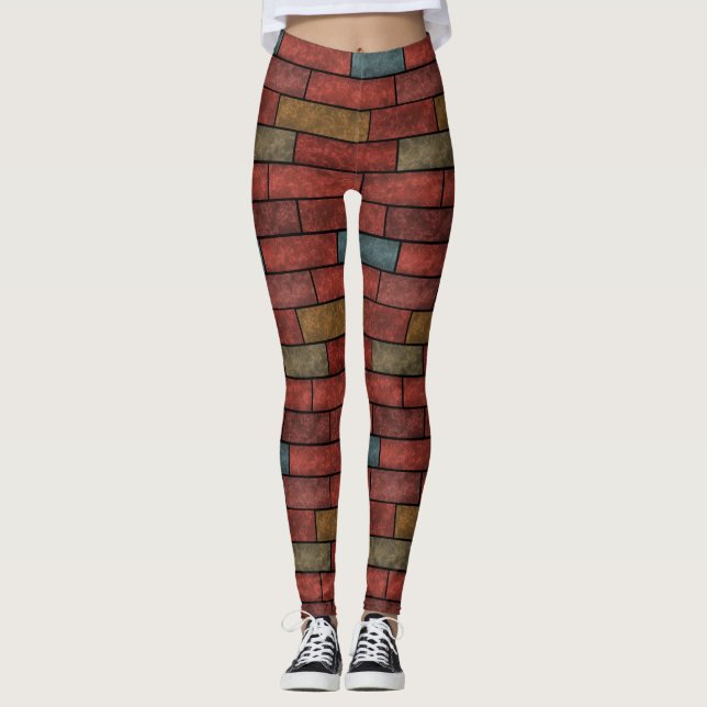 Seamless stone bricks brown orange green colours leggings (Front)