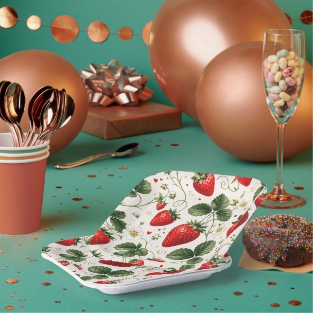 Seamless Strawberry Botanical Pattern Vintage Srq Paper Plate (Multi)