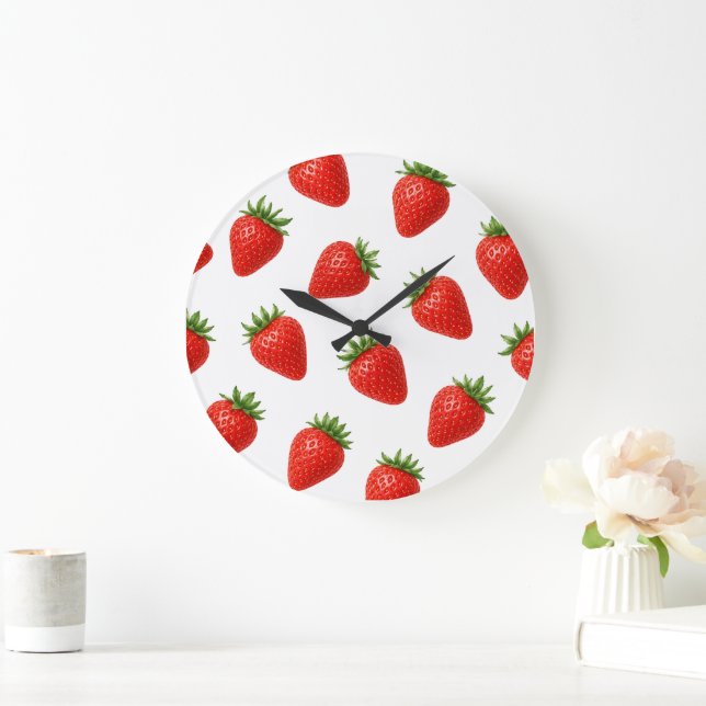 Seamless Strawberry Pattern Cute Red Fruit  Large Clock (Home)