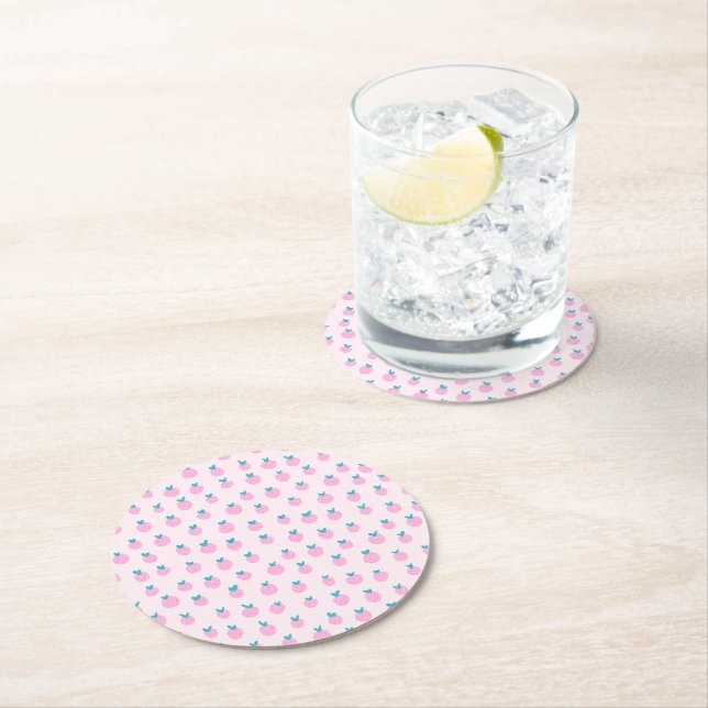 Seamless Strawberry Pattern – Pastel Pink Cute  Round Paper Coaster (Insitu)