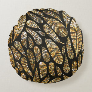 Seamless texture pattern of glowing golden feather round cushion