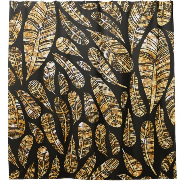 Seamless texture pattern of glowing golden feather shower curtain (Front)
