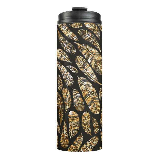 Seamless texture pattern of glowing golden feather thermal tumbler (Front)