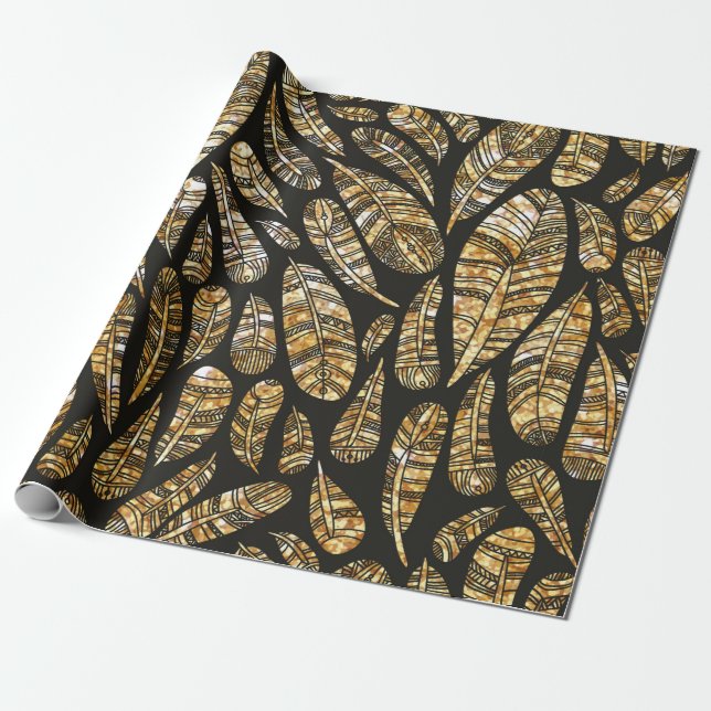 Seamless texture pattern of glowing golden feather wrapping paper (Unrolled)