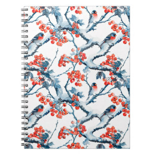 Seamless titmouse birds, winter snow branches, row notebook