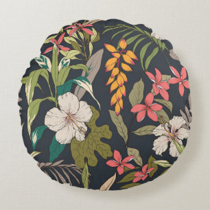 Seamless tropical flower pattern background round cushion