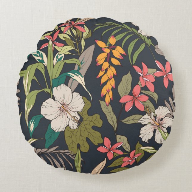 Seamless tropical flower pattern background round cushion (Front)