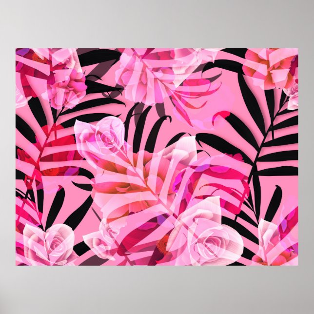 Seamless tropical flower, plant and leaf pattern b poster (Front)