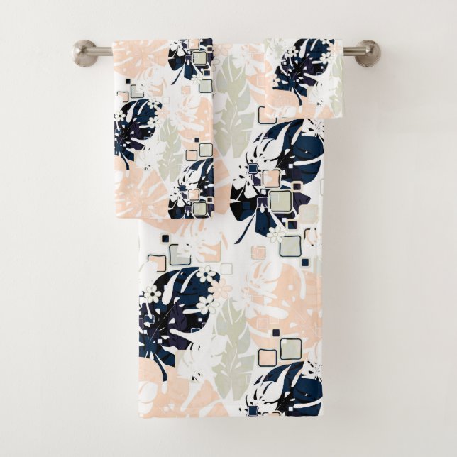 Seamless tropical jungle leaves monstera palm abst bath towel set (Insitu)