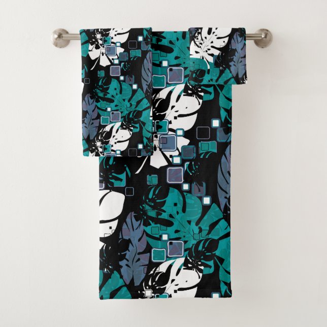Seamless tropical jungle leaves monstera palm abst bath towel set (Insitu)