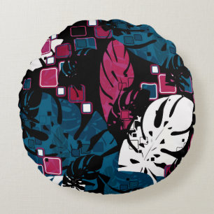 Seamless tropical jungle leaves monstera palm abst round cushion