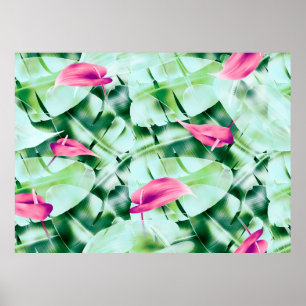 Seamless tropical leaves pattern background, retro poster