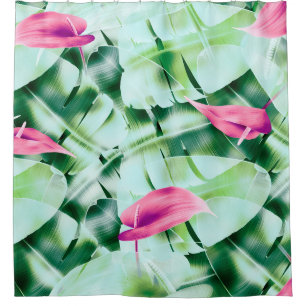 Seamless tropical leaves pattern background, retro shower curtain