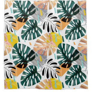 Seamless tropical pattern. Green leaves of a palm Shower Curtain