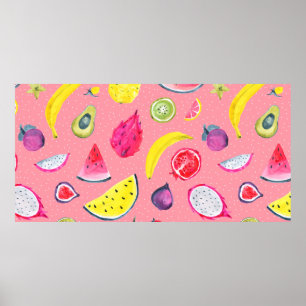 Seamless Tropical pattern of exotic fruit. Hand dr Poster