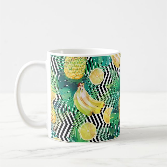 Seamless tropical pattern with bananas lemons palm coffee mug (Left)
