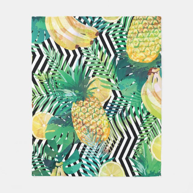 Seamless tropical pattern with bananas lemons palm fleece blanket (Front)