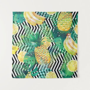 Seamless tropical pattern with bananas lemons palm tapestry