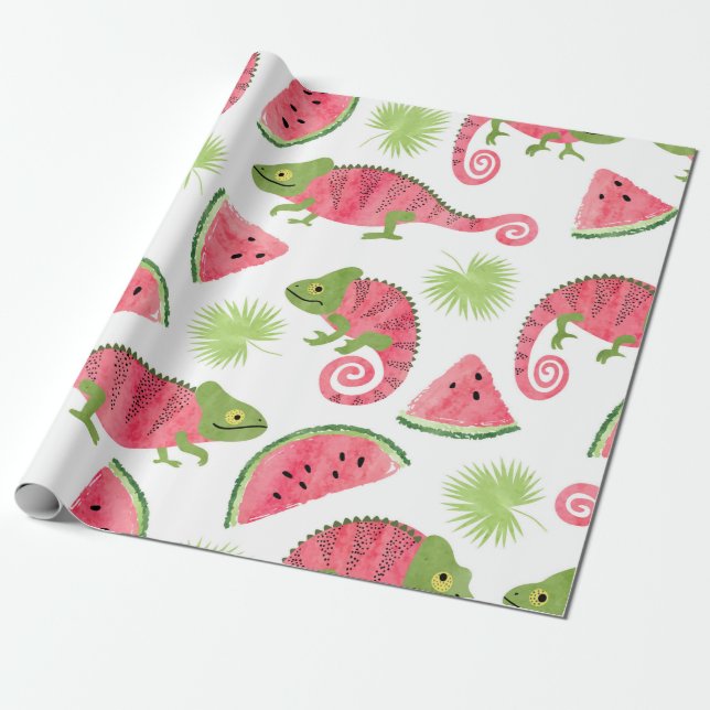 Seamless tropical pattern with cute watercolor cha wrapping paper (Unrolled)