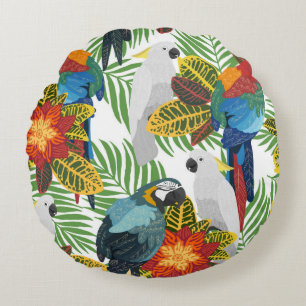 Seamless tropical pattern with parrots. round cushion