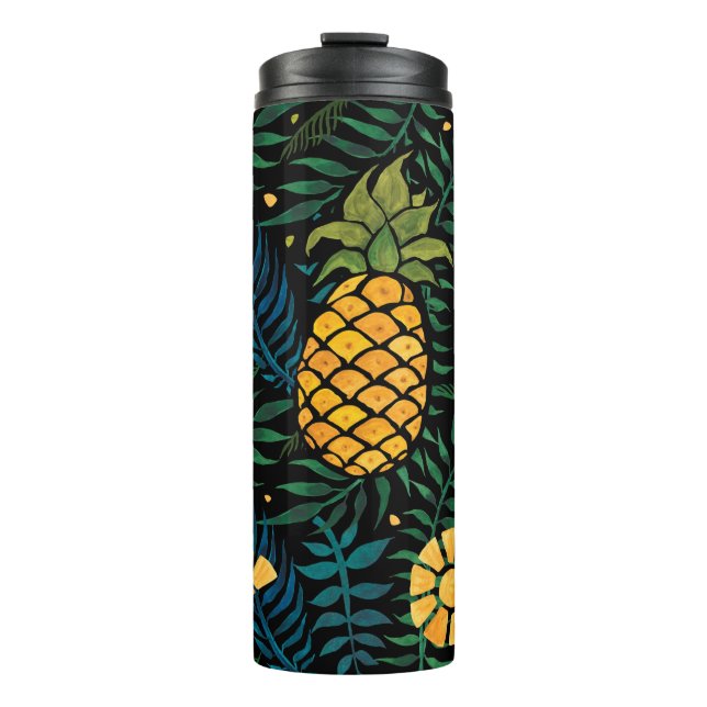 Seamless tropical pattern with pineapples and palm thermal tumbler (Front)