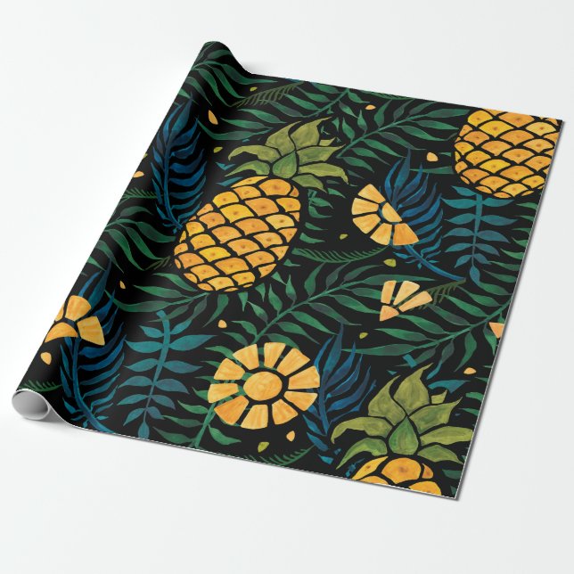 Seamless tropical pattern with pineapples and palm wrapping paper (Unrolled)