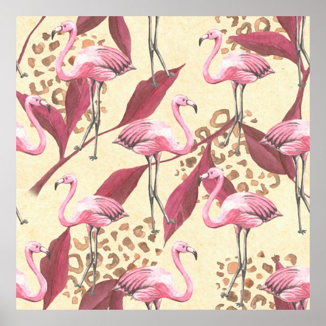 Seamless tropical pattern with pink flamingo, leav poster (Front)