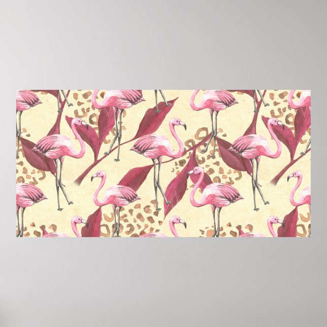 Seamless tropical pattern with pink flamingo, leav poster (Front)