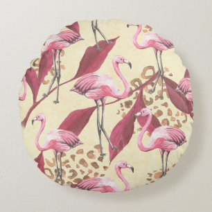 Seamless tropical pattern with pink flamingo, leav round cushion