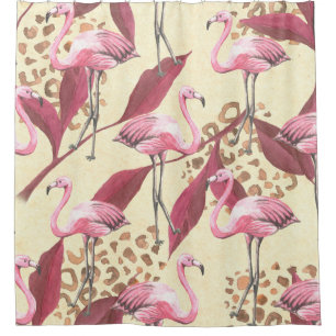Seamless tropical pattern with pink flamingo, leav shower curtain