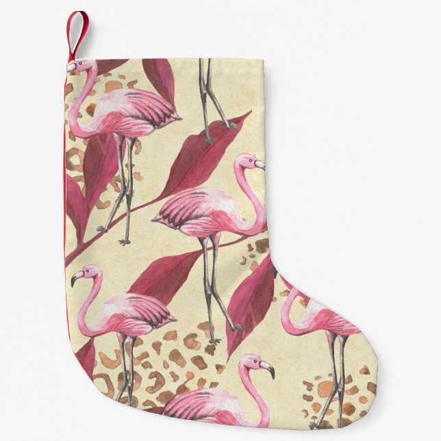 Seamless tropical pattern with pink flamingo, leav small christmas stocking (Front)