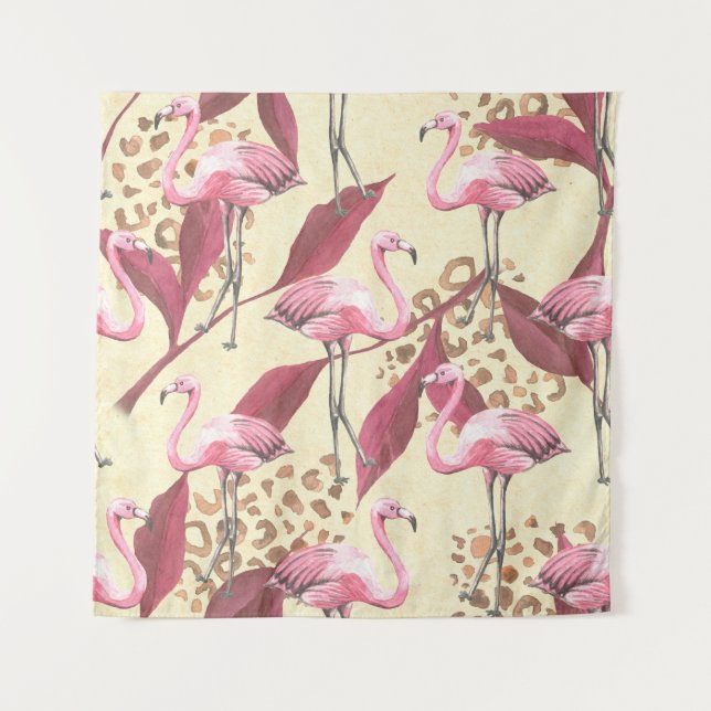 Seamless tropical pattern with pink flamingo, leav tapestry (Front)