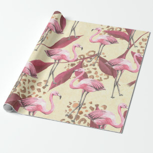 Seamless tropical pattern with pink flamingo, leav wrapping paper