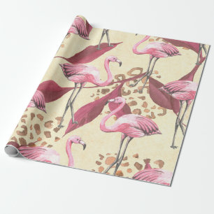Seamless tropical pattern with pink flamingo, leav wrapping paper