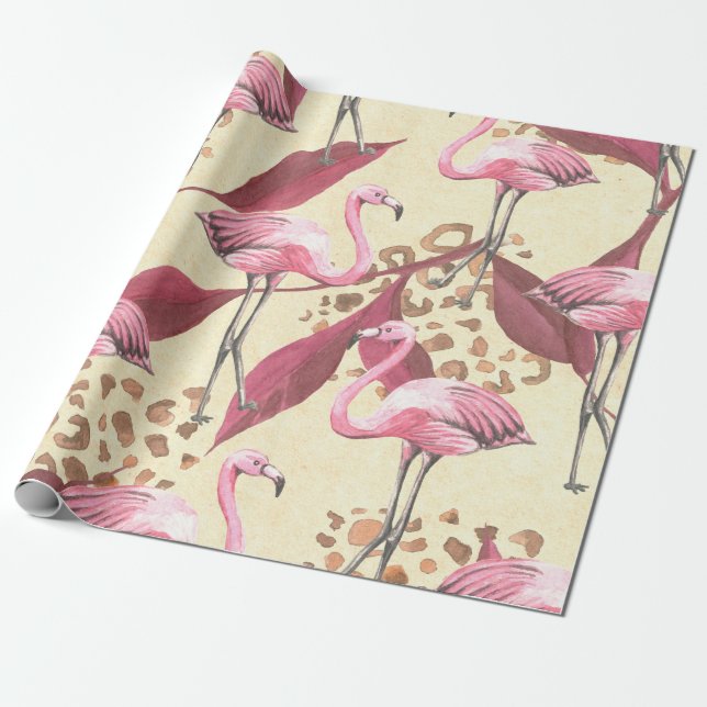 Seamless tropical pattern with pink flamingo, leav wrapping paper (Unrolled)