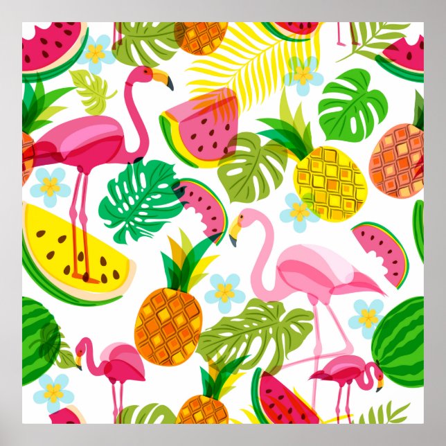 Seamless tropical pattern with pink flamingo, palm poster (Front)