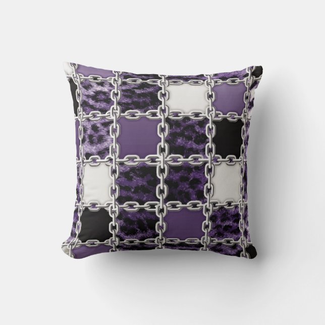 Seamless ultraviolet leopard and silver chain patt cushion (Front)