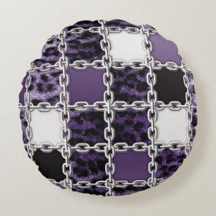 Seamless ultraviolet leopard and silver chain patt round cushion