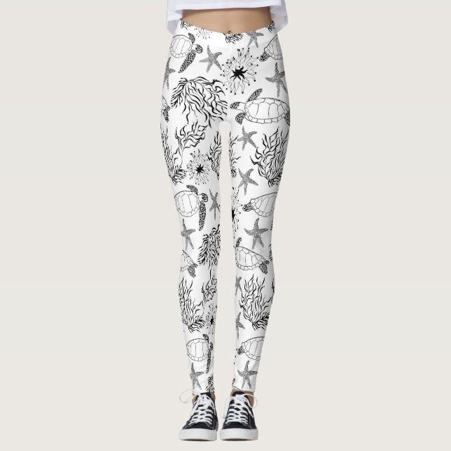 Seamless underwater sea ocean turtle plants coral  leggings (Front)