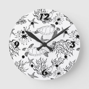 Seamless underwater sea ocean turtle plants coral round clock