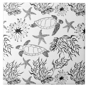 Seamless underwater sea ocean turtle plants coral  tile